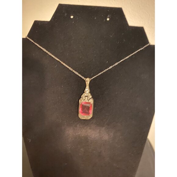 Vintage Art Deco Pink Paste & Rhinestone Pendant Necklace | 1920s Emerald Cut St - Picture 5 of 6